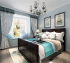 主卧室整体墙面采用浅蓝色的乳胶漆，营造温馨的气氛。浅色的配套软装和深色的床协调统一。
