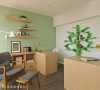 嫩绿色墙面与树枝造型书架，在父亲伴读的阅读空间，呈现健康舒适的学习环境。