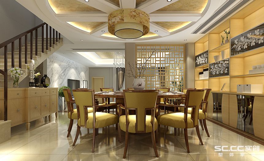 新中式 别墅装修 淡黄色 餐厅图片来自快乐彩在别墅装修卓越蔚蓝群岛新中式装修的分享