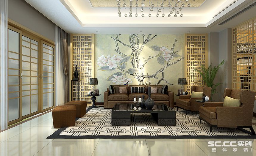 新中式 别墅装修 淡黄色 客厅图片来自快乐彩在别墅装修卓越蔚蓝群岛新中式装修的分享