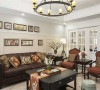 整个客厅看起来营造出惊艳的视觉张力，一种内在的魅力油然而生。墙面选择纯白色和浅咖色进行过渡，配合重色且质感十足的家具都透出浓浓的美式腔调。