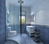 深浅蓝色的小规格复古墙地砖朝相呼应，全套的白色整体洁具，给人呈现一个轻快干净的洗浴空间。