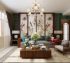 室内的色彩采用明亮对比强烈的色彩，使空间显得更为宽敞明亮，家具选用简洁的新中式布艺家具，温和的触感非常舒适，视觉上也增加了温馨的氛围。
