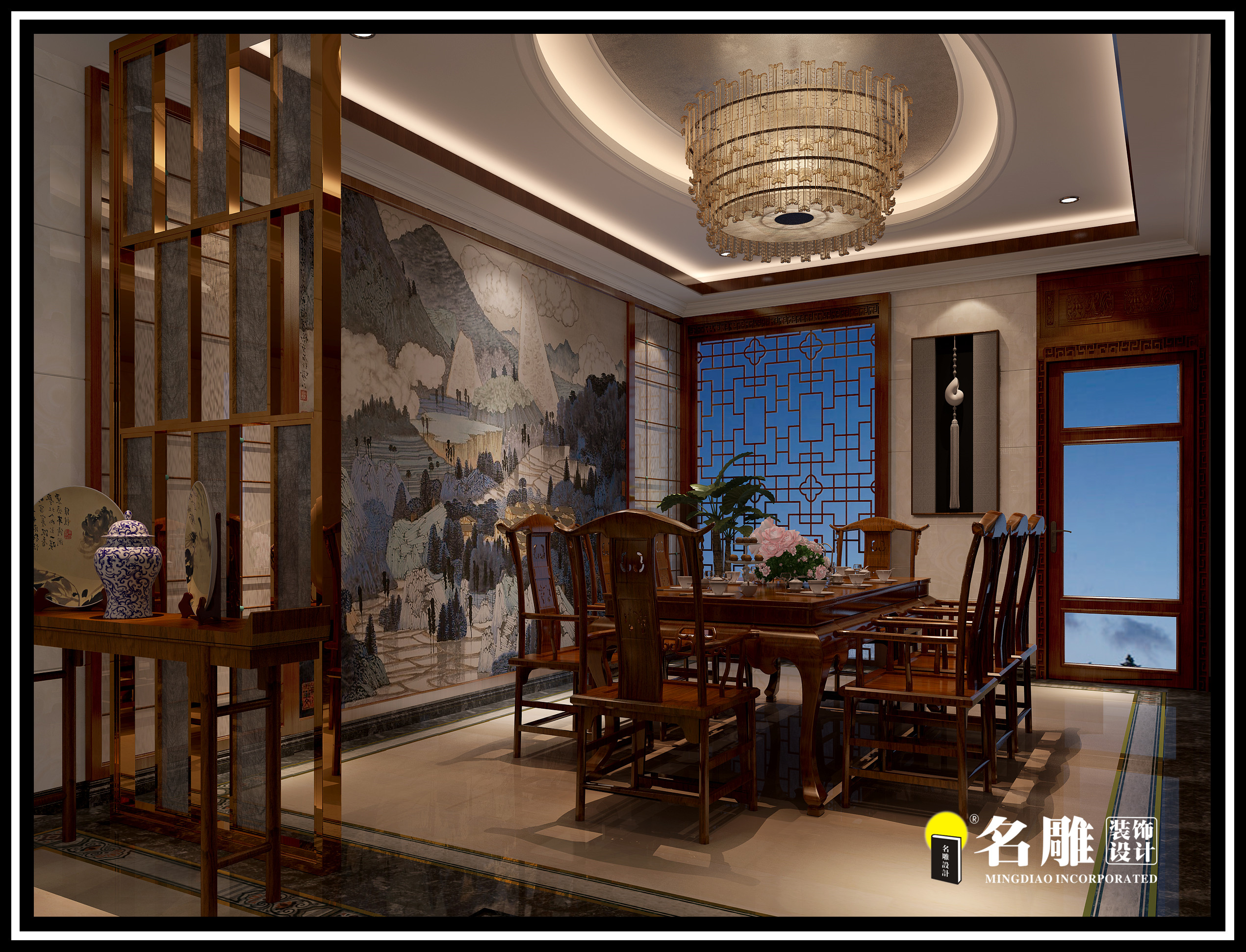 中式 四居室 安宁 祥和感 自然、清新 餐厅图片来自名雕装饰长沙分公司在湘江豪庭中式四居室的分享