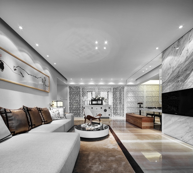客厅图片来自四川岚庭装饰工程有限公司在现代中式风110平米两厅三房两卫的分享