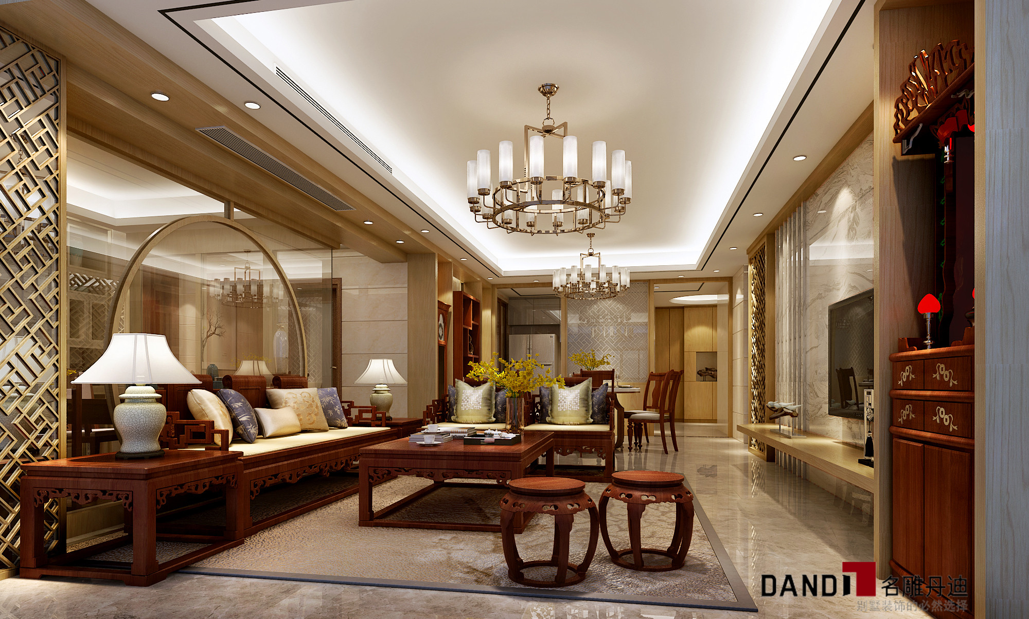 现代中式 别墅 沉稳韵味 空间层次感 客厅图片来自名雕丹迪在大东城现代中式别墅的分享
