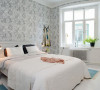 卧室给人非常温馨的感觉，白色的床上用品搭配黑白印花的墙纸，很有格调。