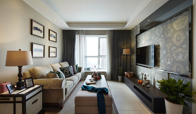客厅图片来自四川岚庭装饰工程有限公司在90平米现代美式混搭三室两厅的分享
