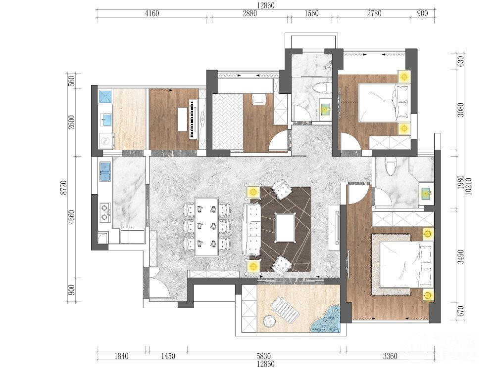 欧式 三居 白领 80后 小资 户型图图片来自过家家装饰在领航城127平三居室欧式装修案例的分享