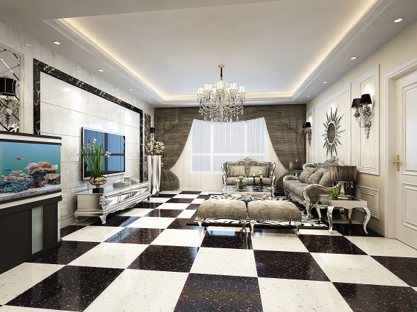 客厅采用了黑白拼接的瓷砖,拼接大理石的电视背景墙,银色的欧式家具