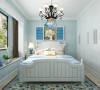 主卧室整个墙面为淡蓝色乳胶漆，搭配白色的门和床卧家具，显得格外干净，飘窗也改造成休闲区域，增加了业主的活动空间，视觉上也拉大了整体面积。