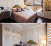 内置感应式灯光的卧室衣柜，选择以百叶方式作为门片，既符合新古典元素也兼具透气效果，并与床头壁板造型呼应。