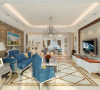 客厅沙发背景墙以白色石膏板造型搭配咖色大花纹软包，同时又结合了深蓝色的欧式家具，色彩对比。整个空间看起来爽利、爽洁和传统欧陆风格的精美、绮丽。