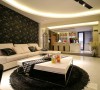 客厅装修：黑白色的经典搭配，白色的空间以及白色的沙发，发配黑色的靠包，以及黑色的背景墙，有效的衔接，使空间看起来充满现代都市生活的时尚感