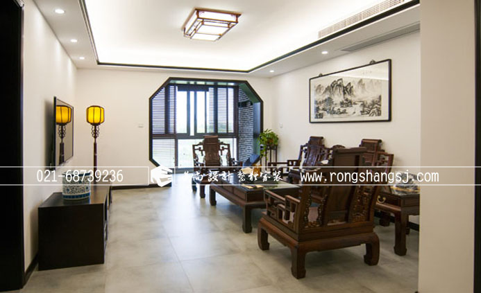 中式 三居 收纳 小资 客厅图片来自上海荣尚建筑装饰在黛瓦白墙，120平传统中式三居的分享