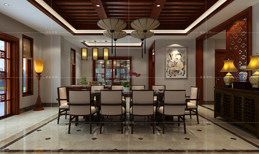 青岛装修 中式 装饰公司 餐厅图片来自青岛威廉装饰在世茂玲珑台550平中式设计的分享