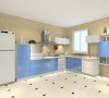 L型的厨房充分满足了厨房的使用功能，白色吸塑的吊柜搭配淡蓝色的地柜，显得清新自然，如沐海潮。