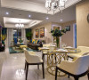 餐厅家具，在色彩上选用素雅白色和金属色的搭配，简单大方。
