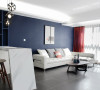 客厅，简洁大气，大面积的海军蓝给人一种安全感和深邃感。