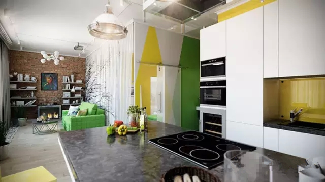 二居 60平 客厅 卧室 餐厅 厨房 绿色 白色 黄色 厨房图片来自实创装饰晶晶在撞色的俄罗斯60㎡现代摩登小公寓的分享