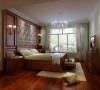 墙面采用木色墙板和软包，在色彩和质感上和整体呼应，装饰艺术风格强调装饰性的简单直线条感，烘托出整体空间的层次感。使卧室更具舒适和温馨。