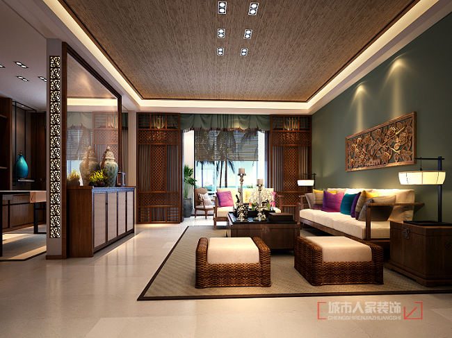 东南亚 金旅城 三居 家庭装修 装修设计 客厅图片来自西安城市人家装饰王凯在金旅城187平米东南亚风格的分享