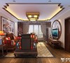 客厅木制以沙发为主向周围延伸设计，凸显了中式风格的韵味。