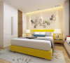 主卧的空间比较宽敞而且采光相对较好，床头背景墙用组合相框装饰，床的颜色是黄色的，给空间带来活力，简约，时尚。