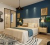 卧室的设计依旧采用静谧蓝作为主基调，呈现一种宁静舒服的状态，墙面复古造型时钟、铁艺吊顶吊灯将后现代风格表现的淋漓尽致，其实本案的主卧空间不大