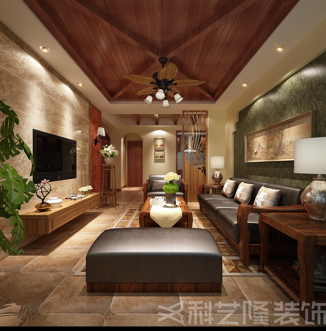 客厅图片来自天津科艺隆装饰在千吉花园-东南亚风格-95㎡的分享