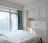 主卧房呈现美式浪漫的氛围，并在白色明亮的空间里，以不同层次的线条衬出优雅质感。