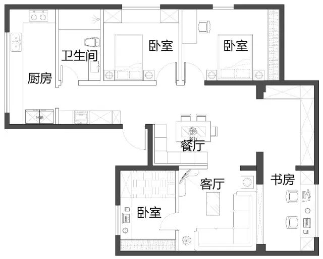 混搭 三居 户型图图片来自实创装饰上海公司在90㎡混搭三居凭空变出电视墙的分享