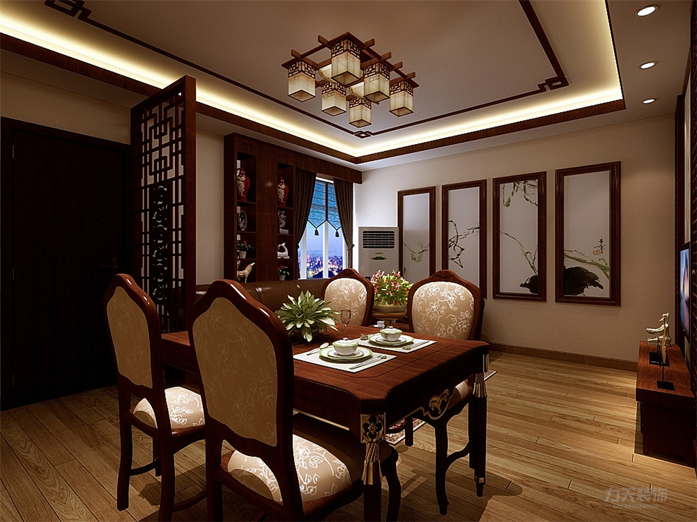 三居 中式 木质家具 收纳 小资 餐桌椅 中式挂画 餐厅图片来自阳光放扉er在力天装饰-新园村100㎡的分享