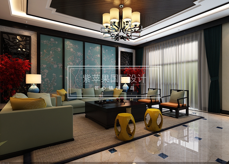 新中式 别墅 客厅图片来自紫苹果国际设计在中渝第一城新中式风格装修案例的分享
