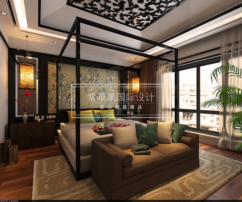 新中式 别墅 卧室图片来自紫苹果国际设计在中渝第一城新中式风格装修案例的分享