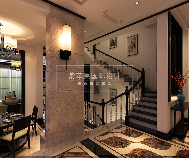 新中式 别墅 楼梯图片来自紫苹果国际设计在中渝第一城新中式风格装修案例的分享