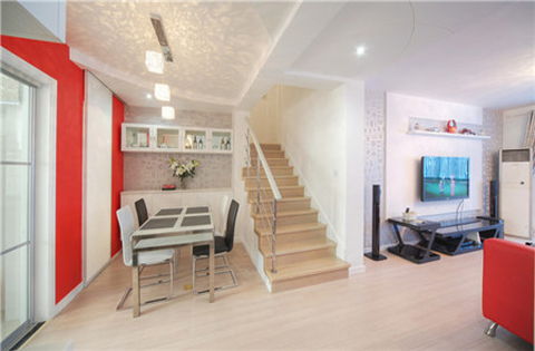 简约 三居 客厅图片来自上海潮心装潢设计有限公司在156平现代简约红色激情复式宜居的分享