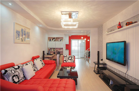 简约 三居 客厅图片来自上海潮心装潢设计有限公司在156平现代简约红色激情复式宜居的分享