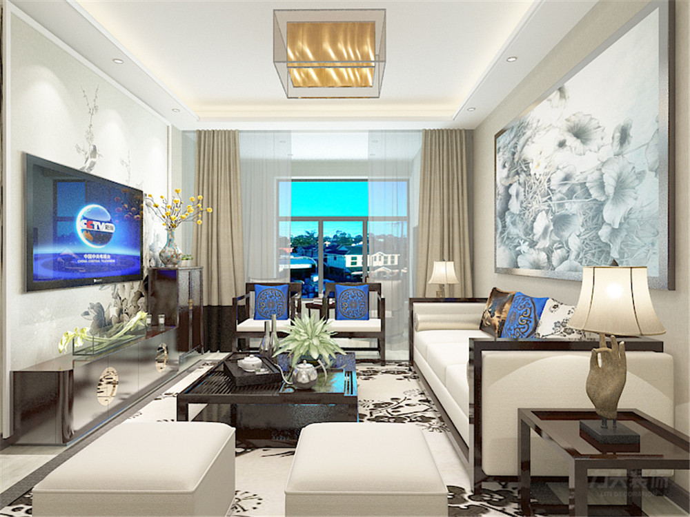 中式 三居 收纳 小资 白领 沙发 茶几 背景墙 客厅图片来自阳光力天装饰在力天装饰-融创融公馆82㎡的分享