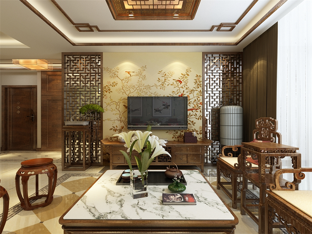 三居 中式 枫丹天城 客厅图片来自阳光放扉er在力天装饰-枫丹天城-138㎡的分享