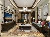 客厅的设计，沙发背景应用了带有色彩的国画的墙纸，加上非常中国风的国画装饰，搭配带有色彩的沙发，格调高雅，造型简朴，色彩浓重而成熟。