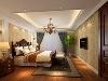 卧室： 墙面用壁纸装饰，地面浅色地砖，配上古典欧式风格衣柜和床，整体软装搭配衔接无缝。