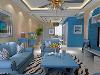 客厅以蓝天白云的设计理念为主，清新大气，自然和谐，简单的线性吊棚，蓝色的沙发，木质的家具，典型的地中海风格。