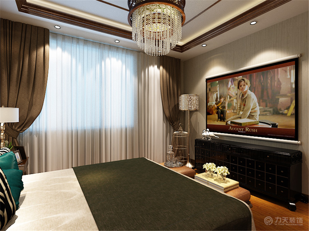 一居 中式 白领 收纳 小资 灯具 床头柜 卧室图片来自阳光力天装饰在新中式  天房翠海红山  64.86㎡的分享