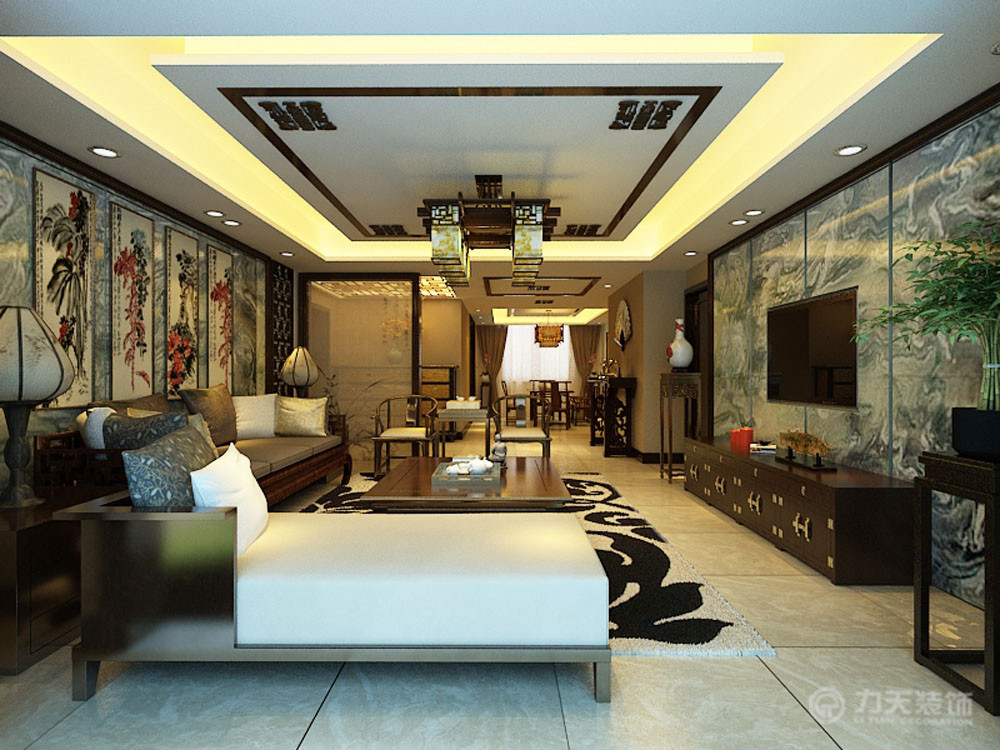 中式 四居 小资 白领 80后 沙发 影视墙 客厅图片来自阳光力天装饰在中式   海河大观 236㎡的分享
