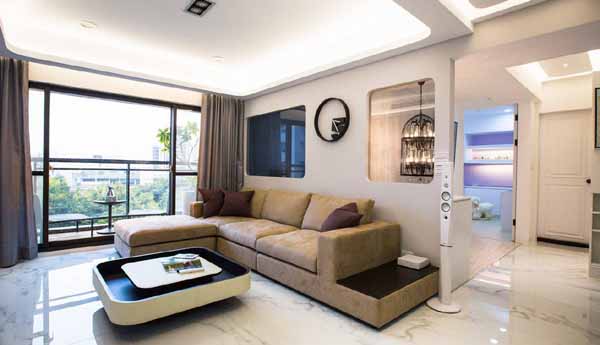 混搭 三居 旧房改造 客厅图片来自上海潮心装潢设计有限公司在125平混搭风格三居室装修样板间的分享
