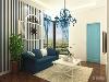 客厅整体色调明亮，大胆，色彩清新，清爽。壁纸采用了蓝白相间的颜色，清新亮丽。沙发和茶几极具亲和力的田园风情及柔和的色调的搭配，更突显了地中海风格的特点。