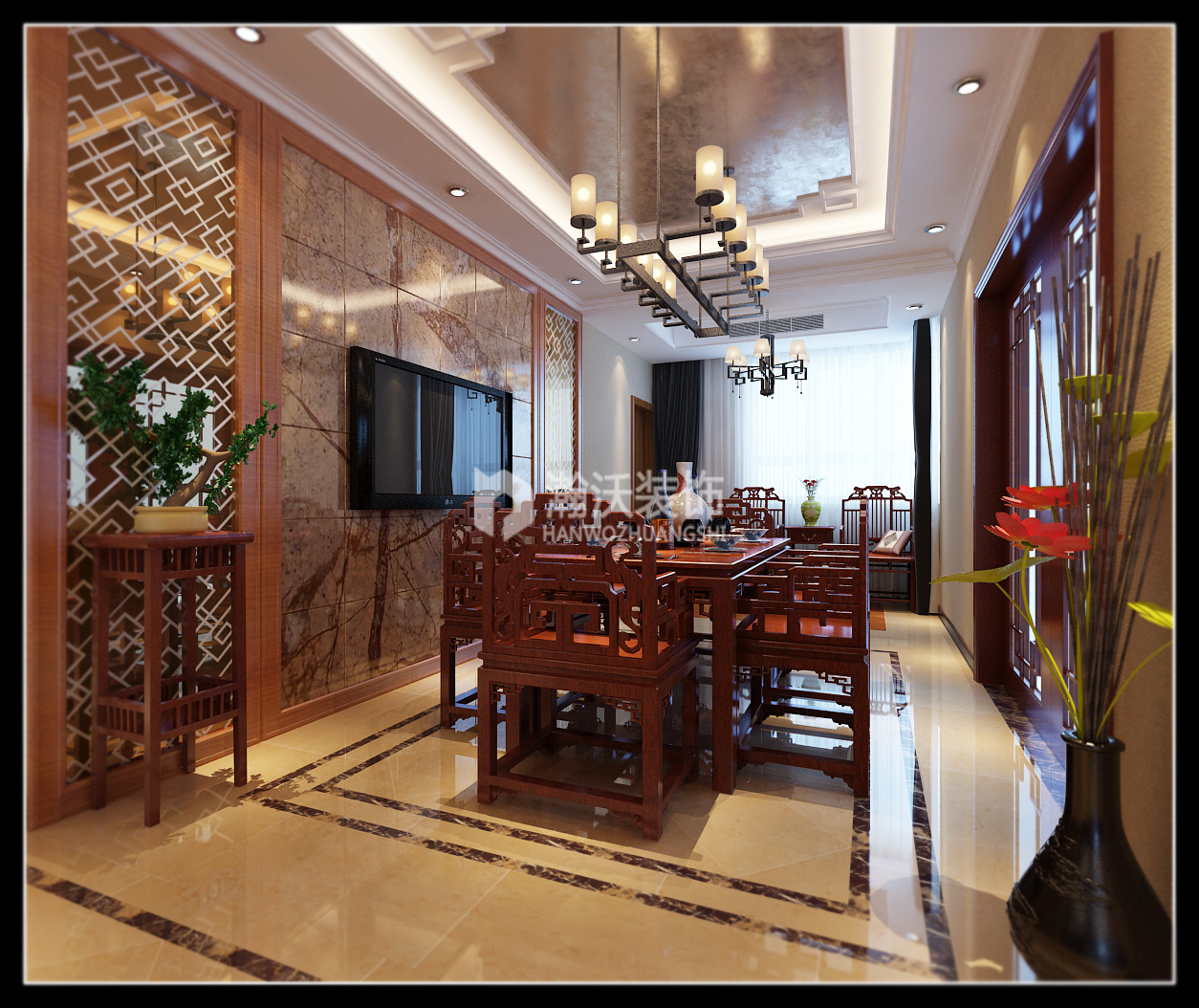 中式风格 紫晶悦城 四居 餐厅图片来自河北瀚沃装饰在紫晶悦城206㎡中式案例的分享