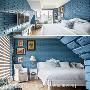 宝蓝色漆面的文化石铺陈整体空间，床头的一角更搭佐画作、画框、单椅与台灯，形塑具有情境的端景。