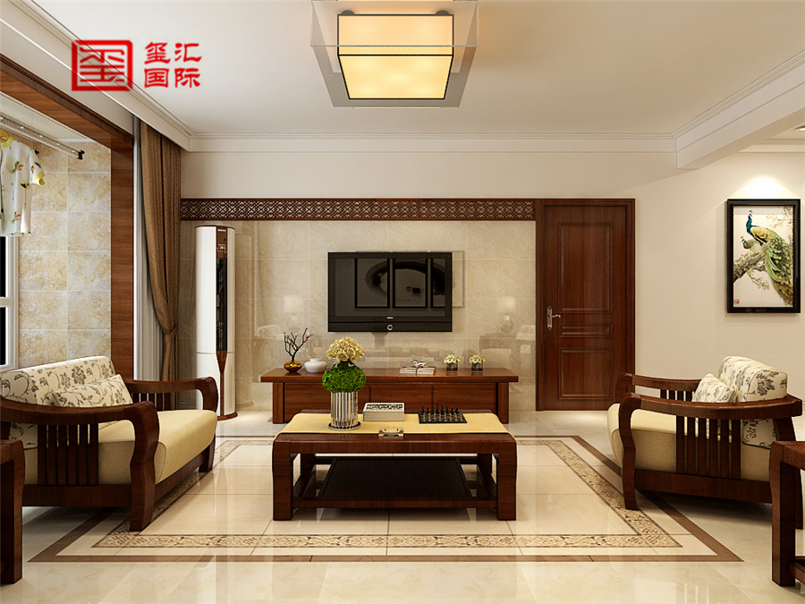 新中式 三室 白领 客厅图片来自河北玺汇国际装饰公司在华域城150平错层新中式风的分享
